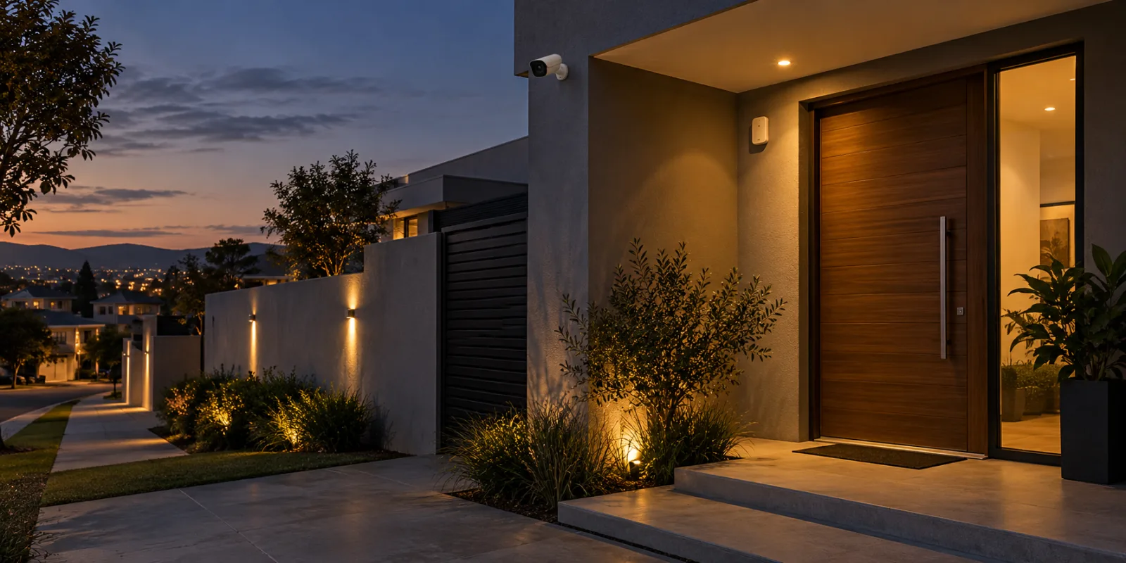 Entrada residencial com câmera e sensor de alarme